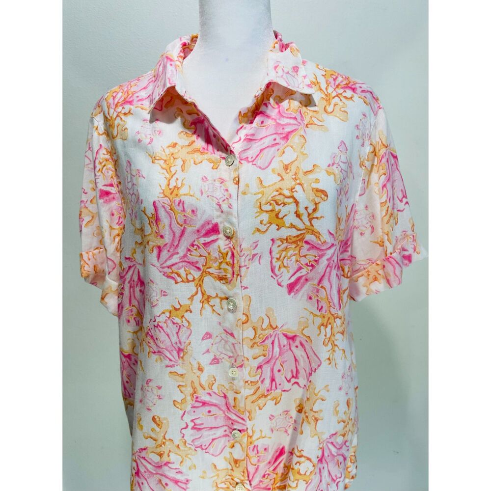 J. Jill Love Linen shirt costal coral reef print orange beach summer women's S